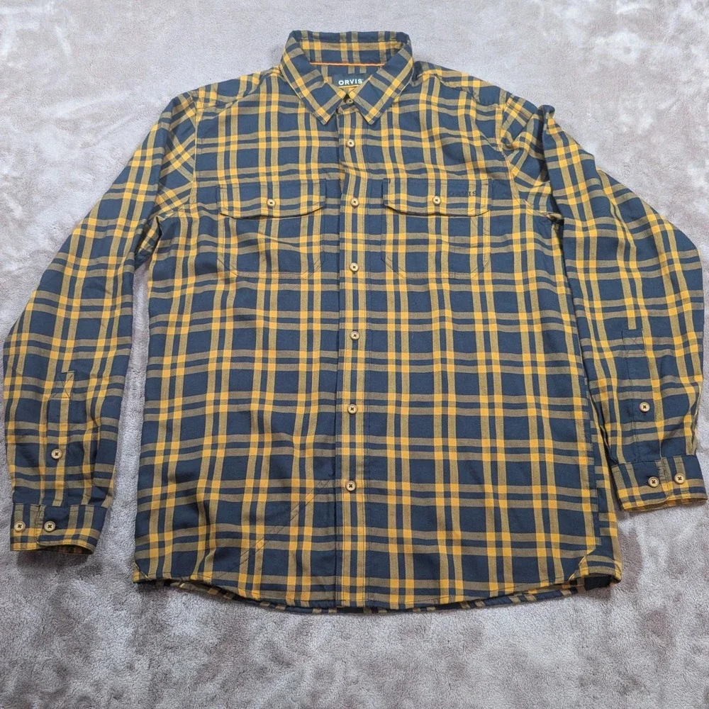 Orvis Button Down Shirt Mens Medium Navy Yellow Plaid Active Fit Wool Blend